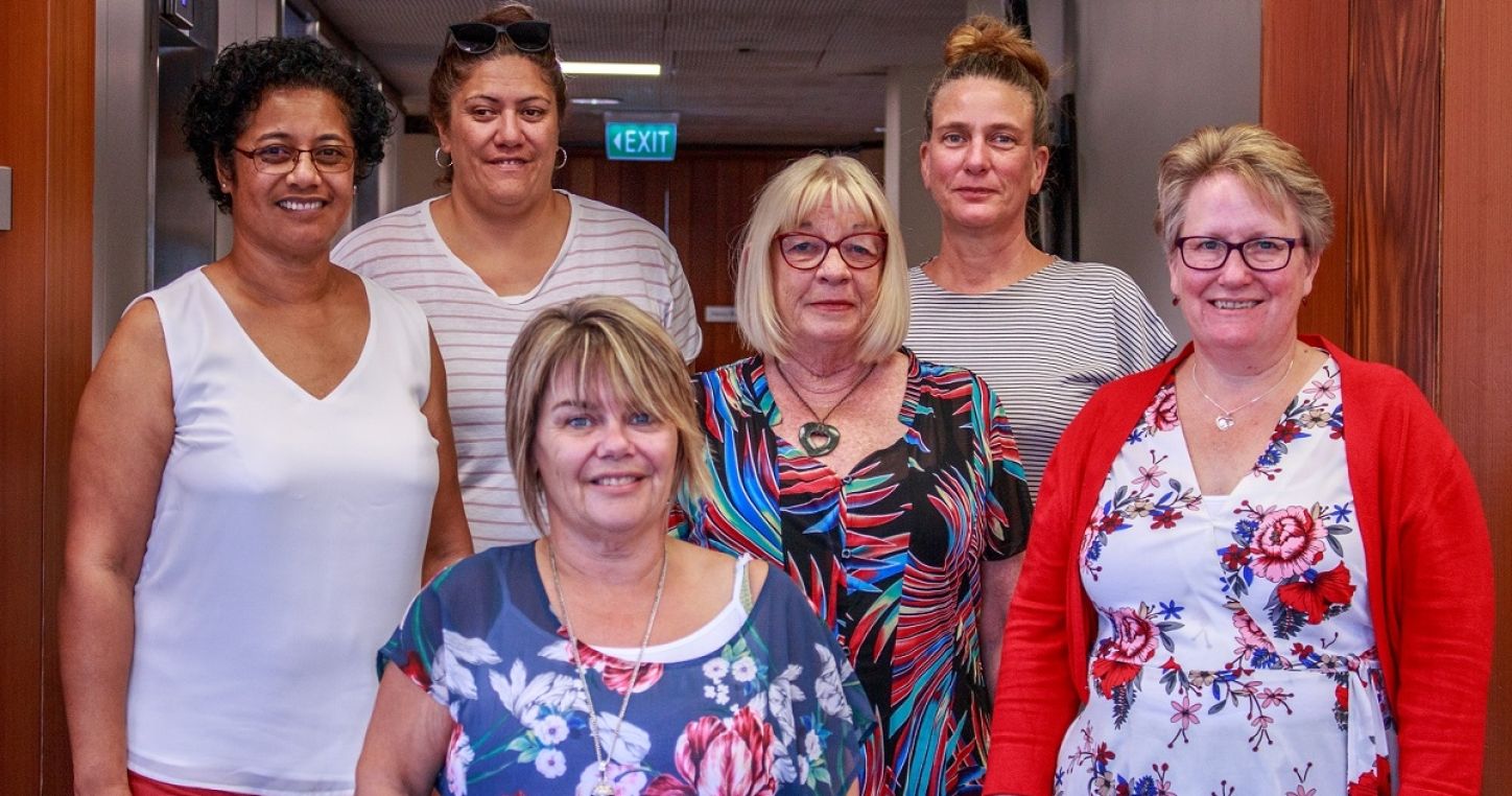 NZEI teacher aide pay equity negotiation team: (from l. to r.) Fa’a Sisnett, Annie Te Moana, Marcia Martin, Sue Poole, Ally Kemplen and Andrea Andrews.